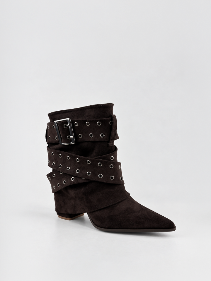 Brown faux suede buckle strap slouch ankle boot – three-quarter view