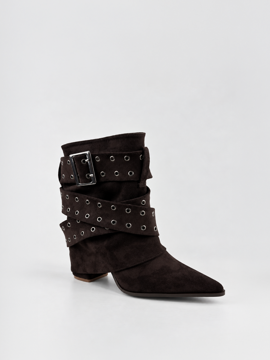 Faux Suede Buckle Strap Slouch Ankle Boot – Brown