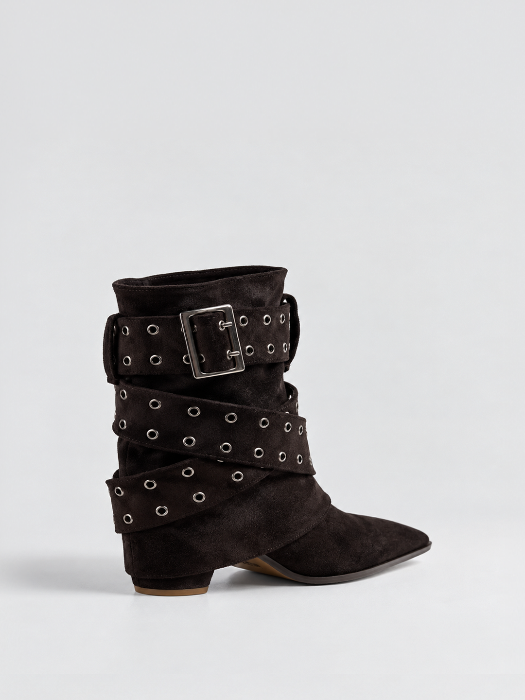 Brown faux suede buckle strap slouch ankle boot – front three-quarter view
