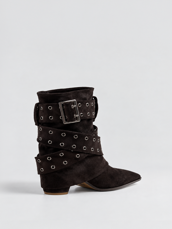 Brown faux suede buckle strap slouch ankle boot – front three-quarter view
