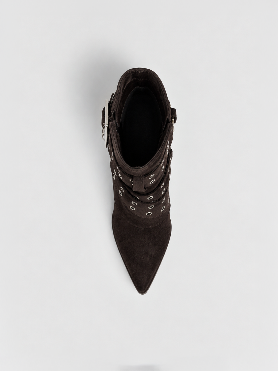 Brown faux suede buckle strap slouch ankle boot – top view