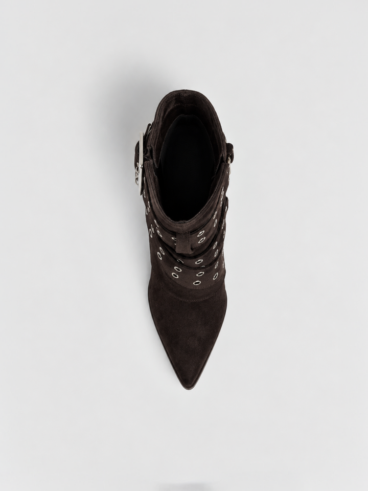 Brown faux suede buckle strap slouch ankle boot – top view