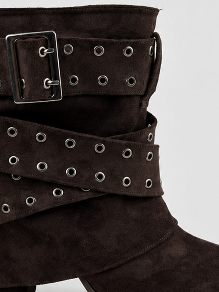 Brown faux suede buckle strap slouch ankle boot – buckle strap close-up