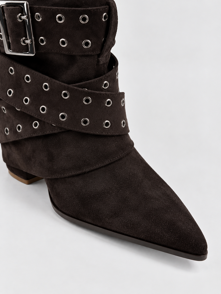 Brown faux suede buckle strap slouch ankle boot – pointed toe close-up