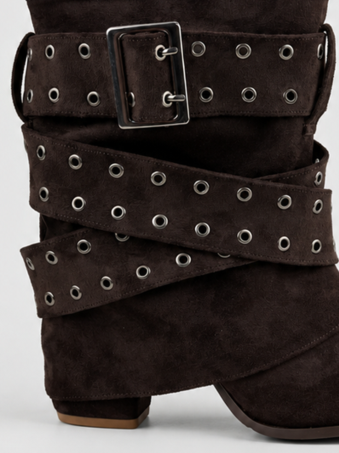 Brown faux suede buckle strap slouch ankle boot – buckle and eyelet strap detail