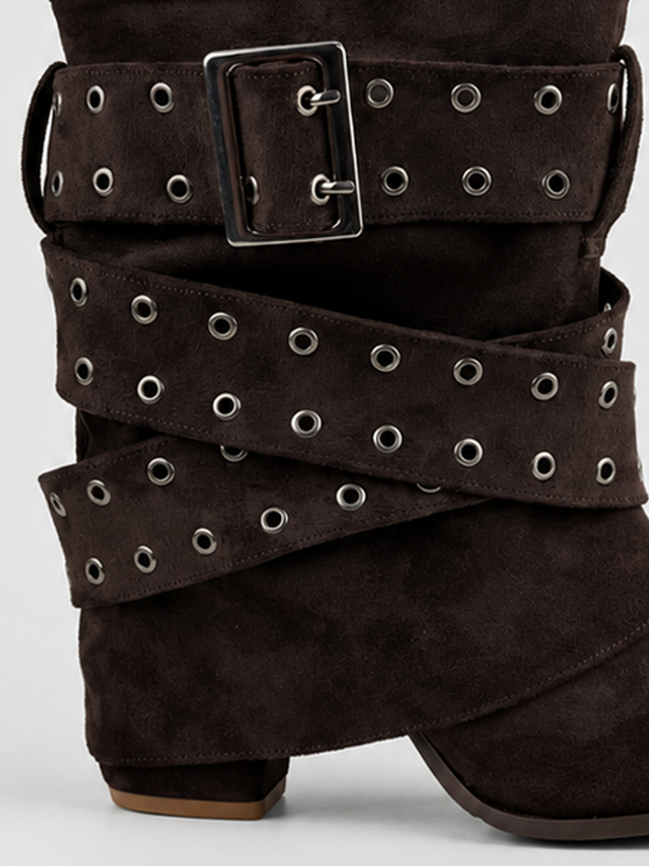 Brown faux suede buckle strap slouch ankle boot – buckle and eyelet strap detail