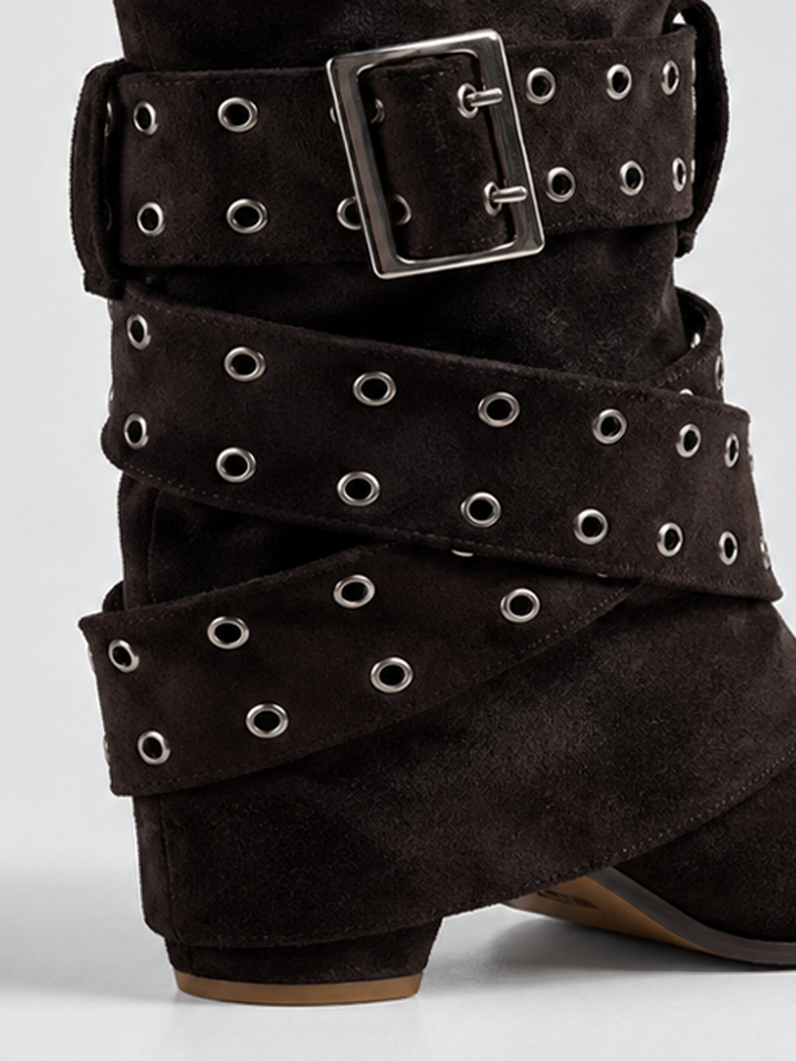Brown faux suede buckle strap slouch ankle boot – buckle and wrapped strap detail