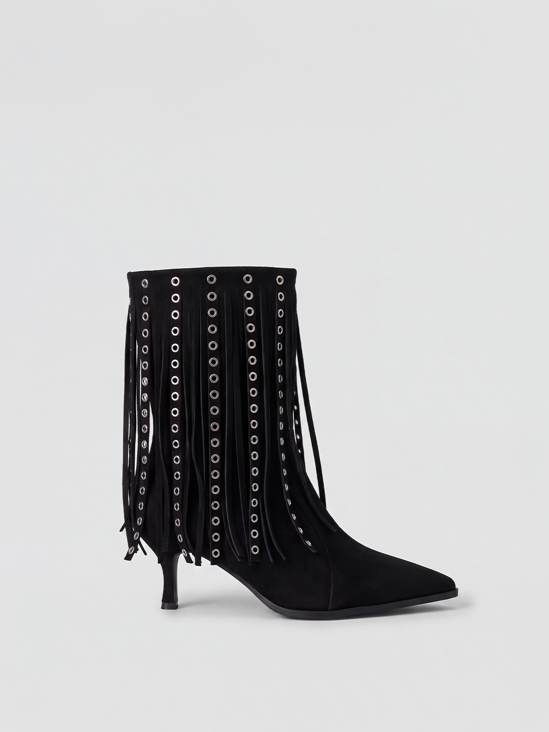 Black faux suede fringe heeled ankle boot – front three-quarter view