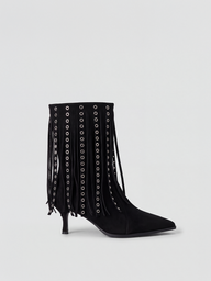 Faux Suede Fringe Heeled Ankle Boot – Black