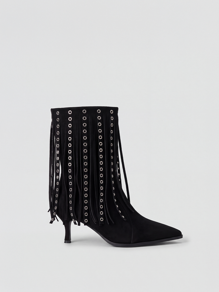 Black faux suede fringe heeled ankle boot – front three-quarter view