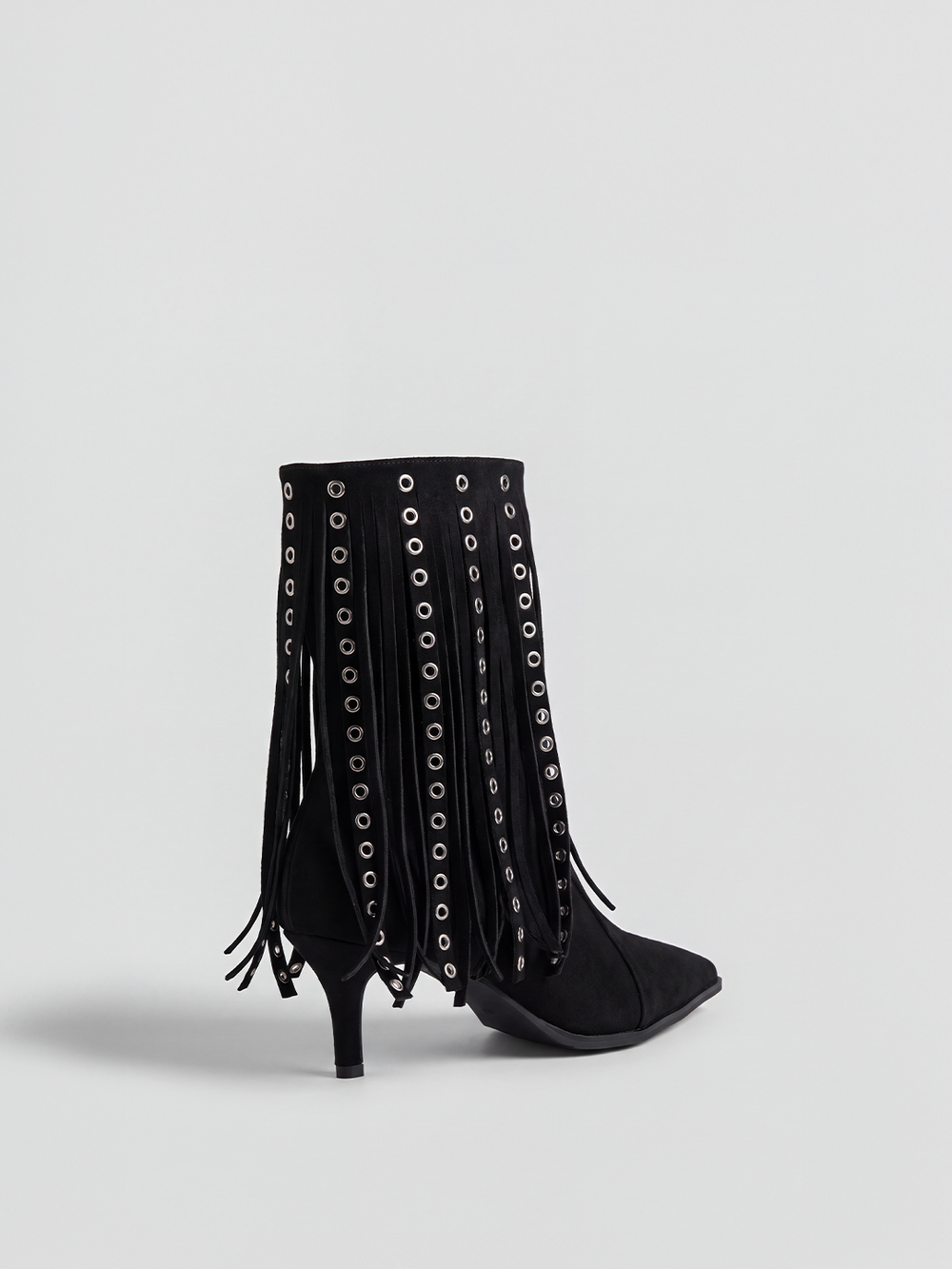 Black faux suede fringe heeled ankle boot – back three-quarter view