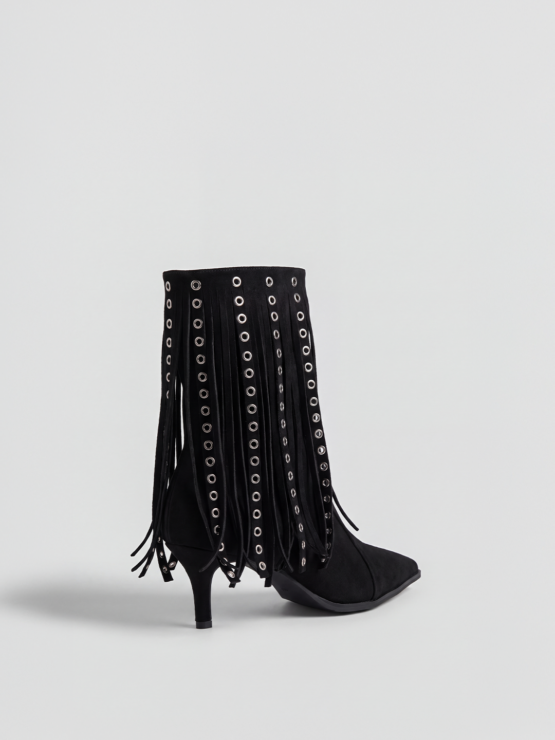 Black faux suede fringe heeled ankle boot – back three-quarter view