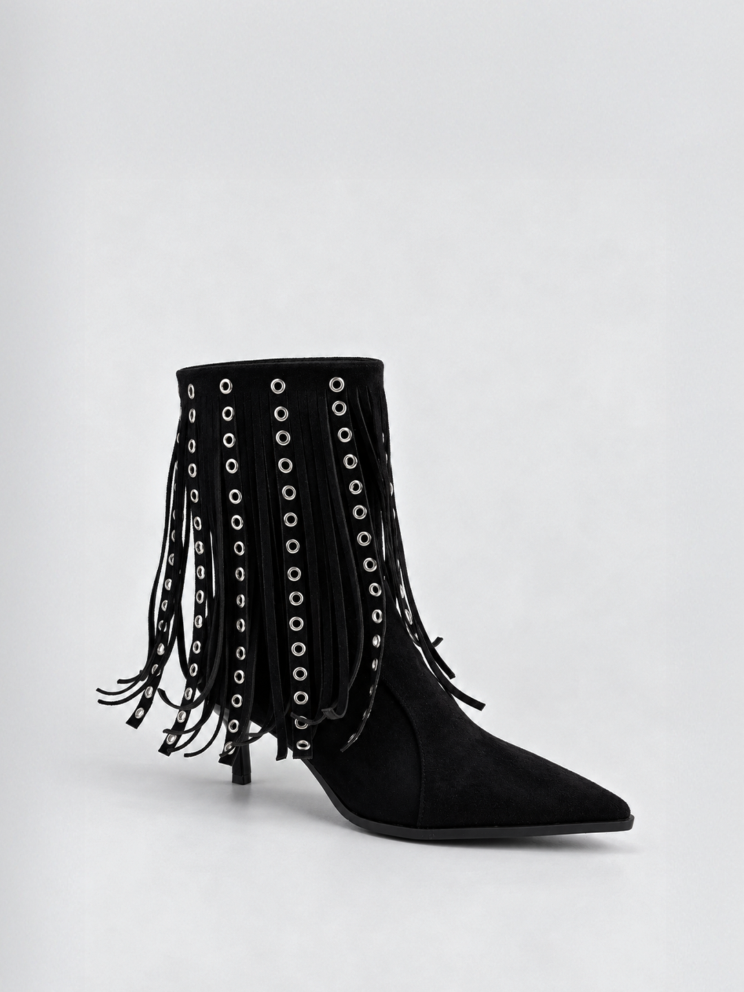 Black faux suede fringe heeled ankle boot – side view