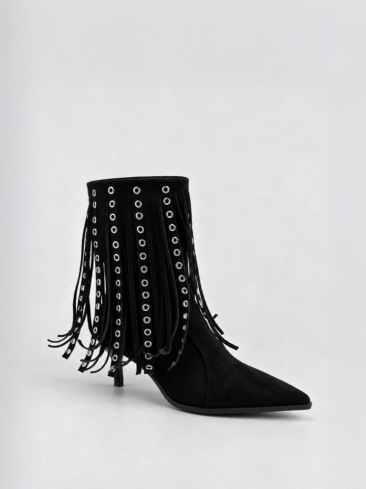 Black faux suede fringe heeled ankle boot – side view