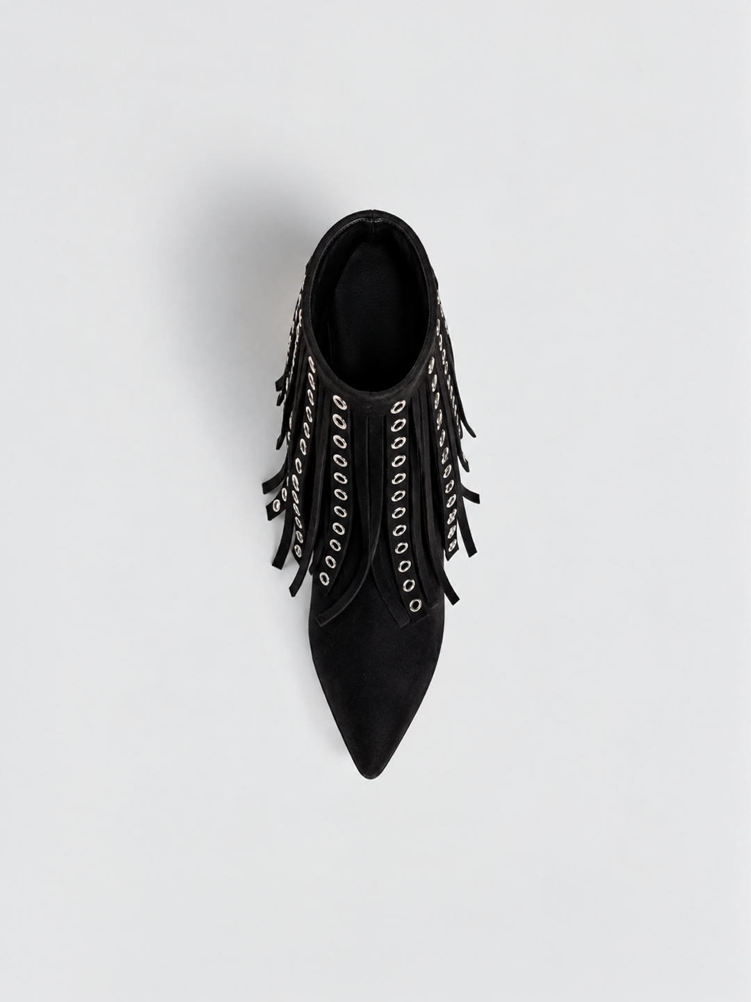 Black faux suede fringe heeled ankle boot – top view