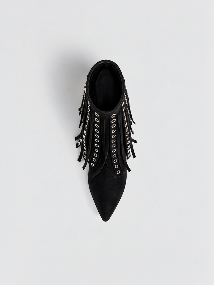 Black faux suede fringe heeled ankle boot – top view