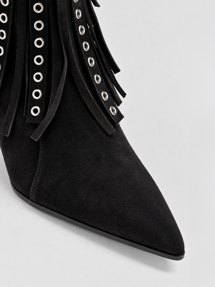 Black faux suede fringe heeled ankle boot – pointed toe close-up