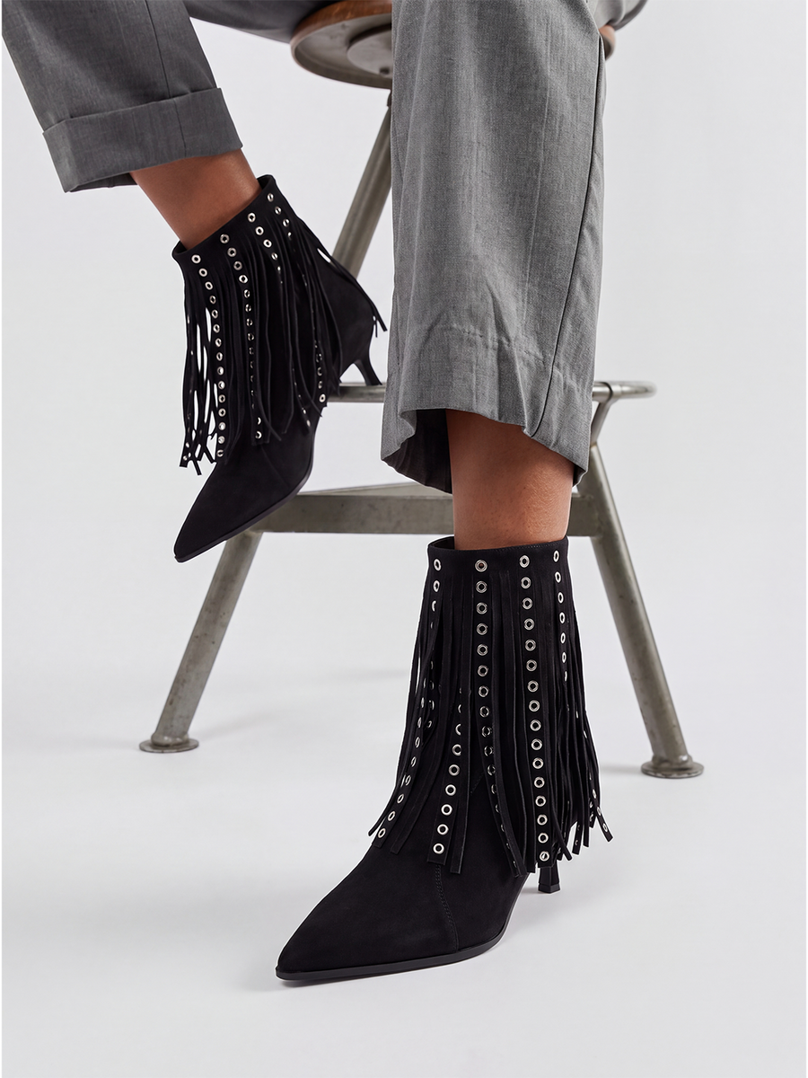 Faux Suede Fringe Heeled Ankle Boot – Black