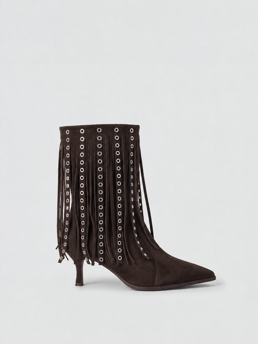 Faux Suede Fringe Heeled Ankle Boot – Brown