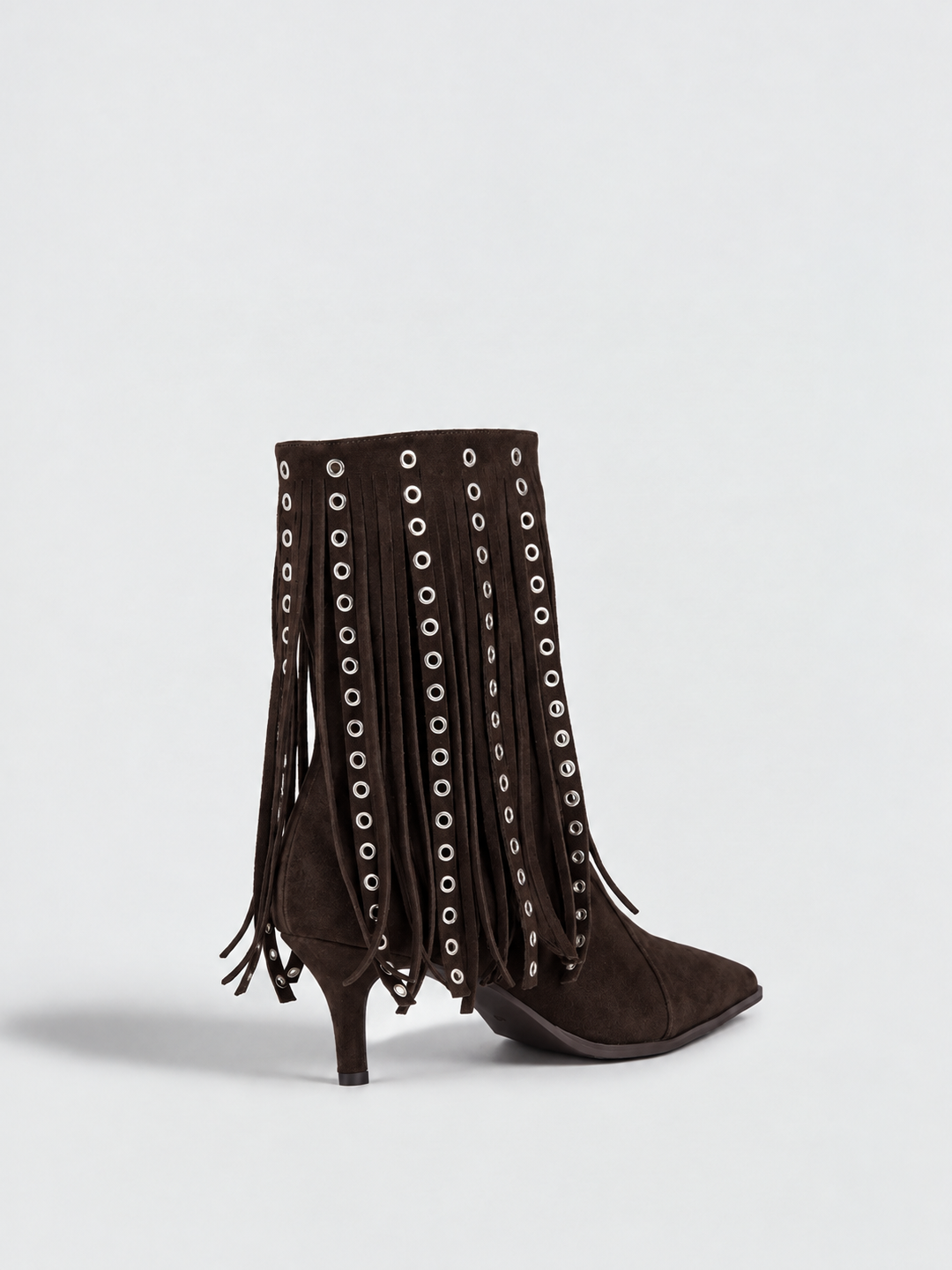 Brown faux suede fringe heeled ankle boot – back three-quarter view