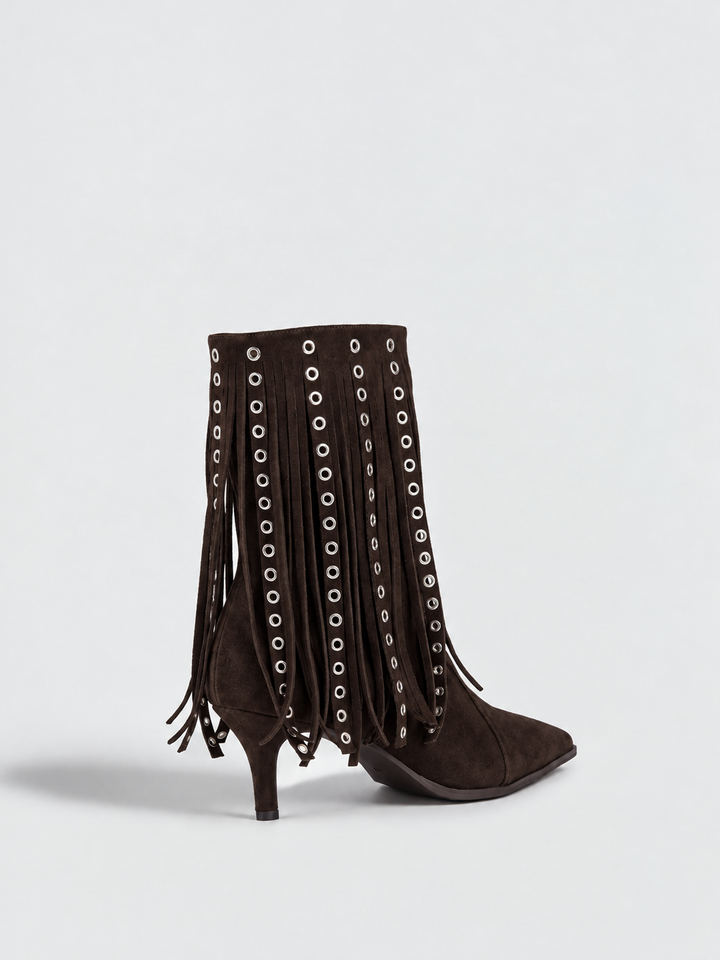 Brown faux suede fringe heeled ankle boot – back three-quarter view