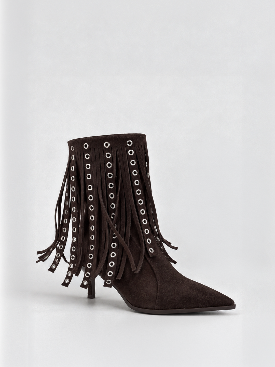 Brown faux suede fringe heeled ankle boot – side view