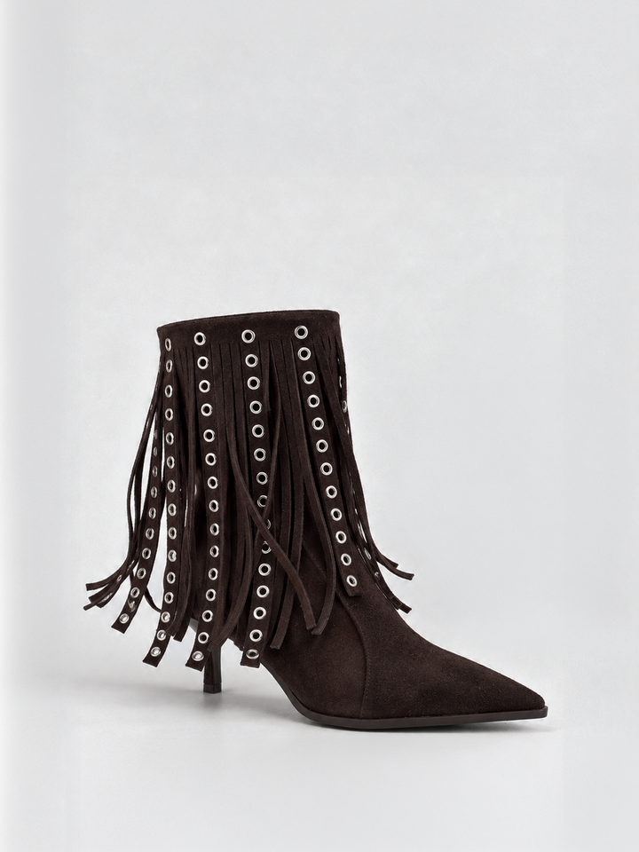 Brown faux suede fringe heeled ankle boot – side view