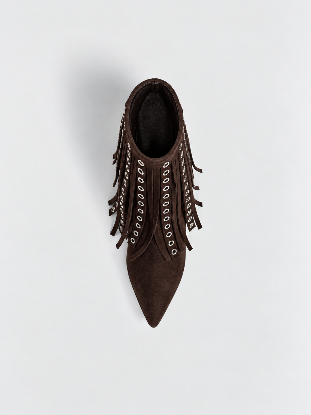 Brown faux suede fringe heeled ankle boot – top view
