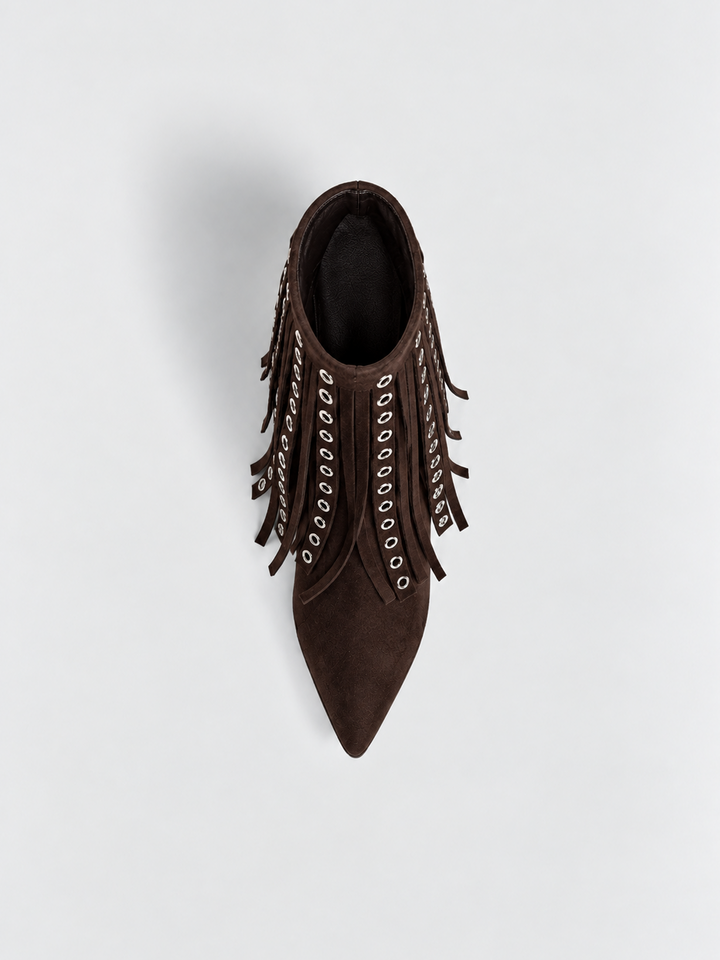 Brown faux suede fringe heeled ankle boot – top view