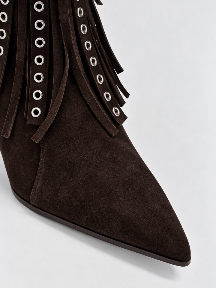 Brown faux suede fringe heeled ankle boot – pointed toe close-up