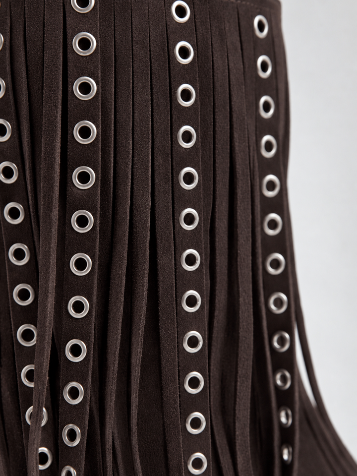 Brown faux suede fringe heeled ankle boot – fringe and eyelet detail