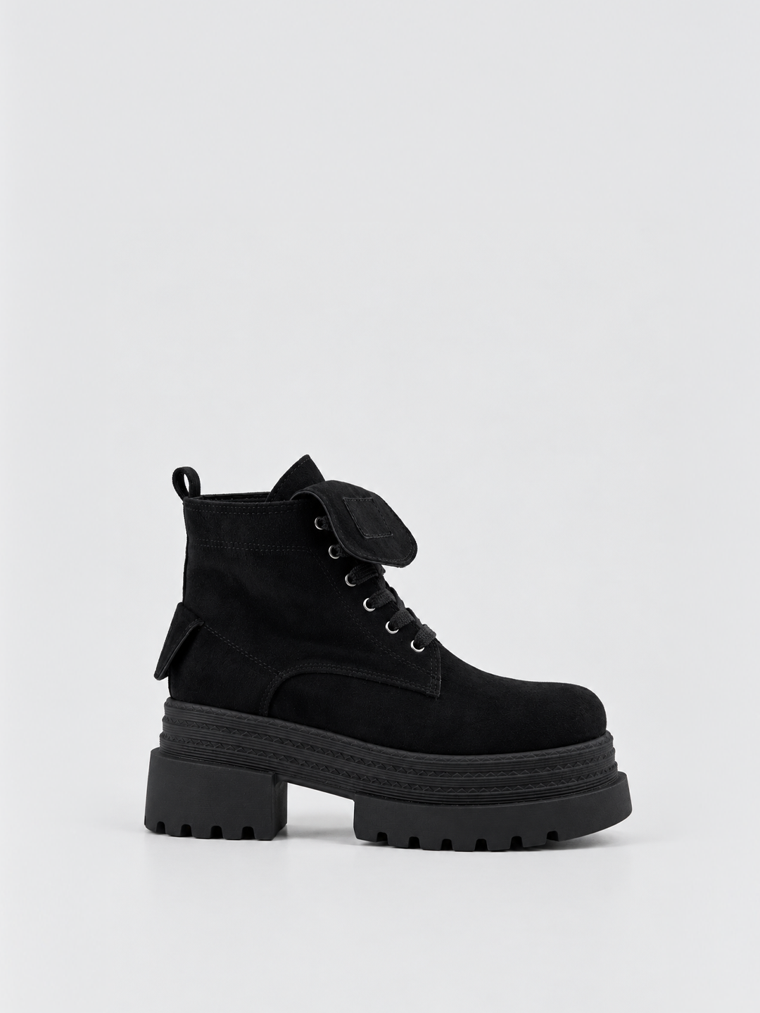 Black faux suede pocket lace-up platform ankle boot – side view