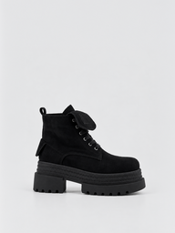 Faux Suede Pocket Lace-Up Platform Ankle Boot – Black