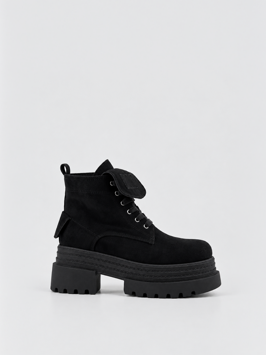 Faux Suede Pocket Lace-Up Platform Ankle Boot – Black