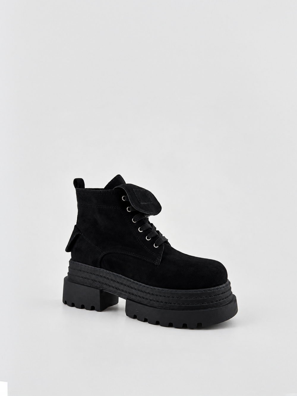 Black faux suede pocket lace-up platform ankle boot – front three-quarter view