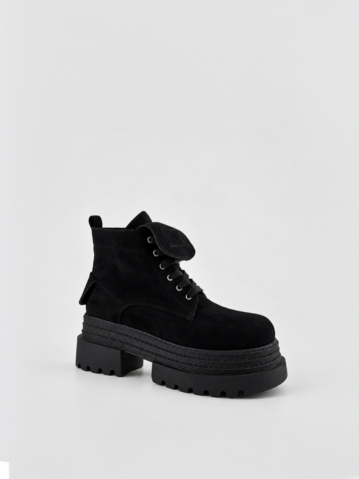 Black faux suede pocket lace-up platform ankle boot – front three-quarter view