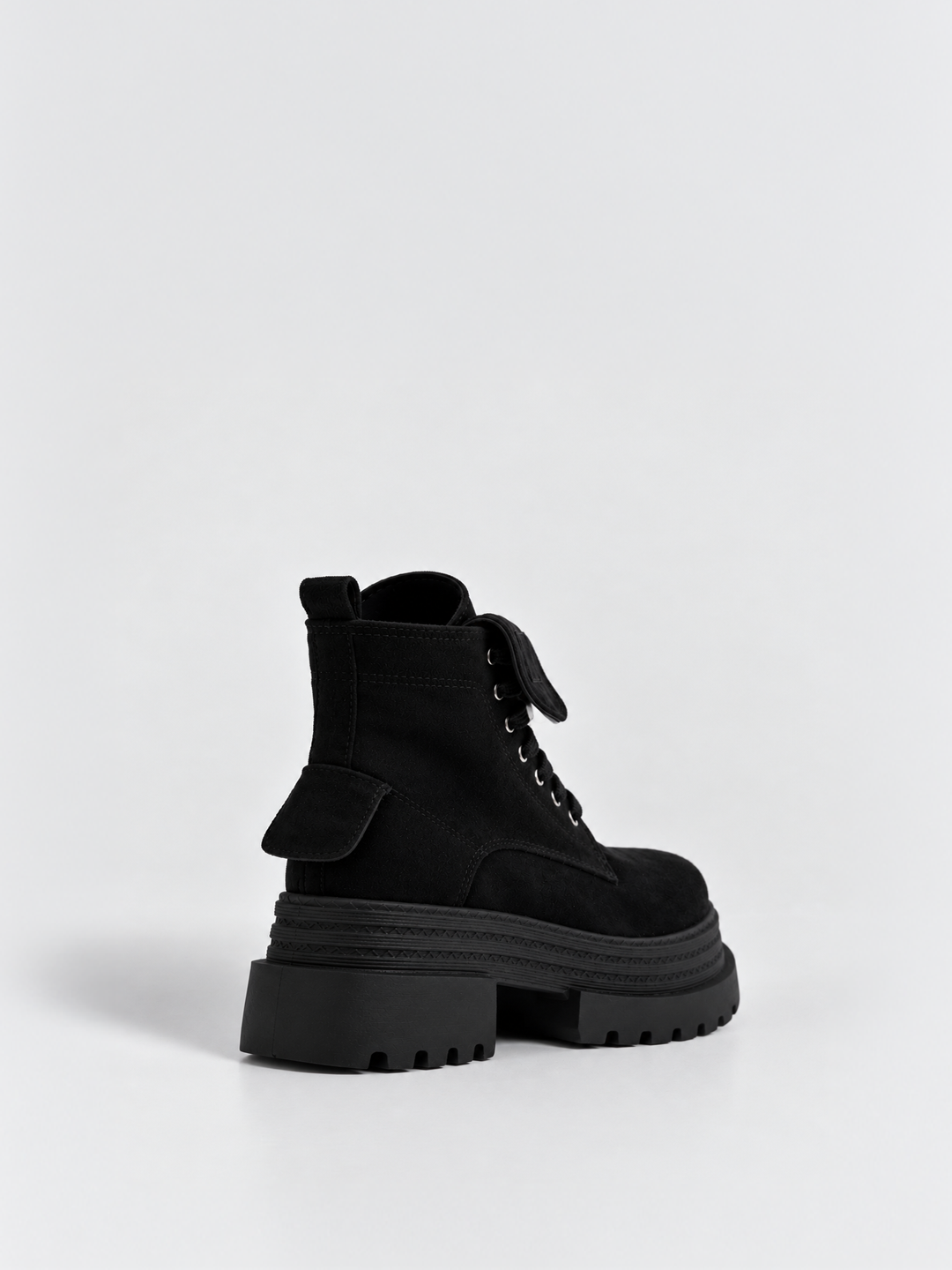 Black faux suede pocket lace-up platform ankle boot – back three-quarter view