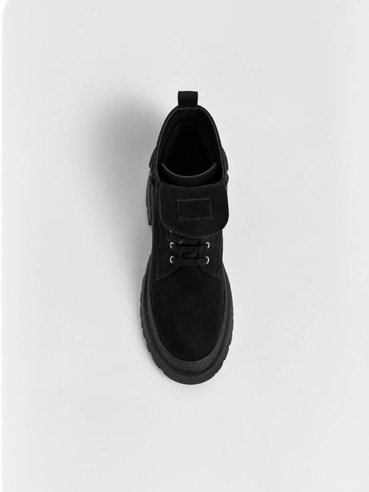 Black faux suede pocket lace-up platform ankle boot – top view