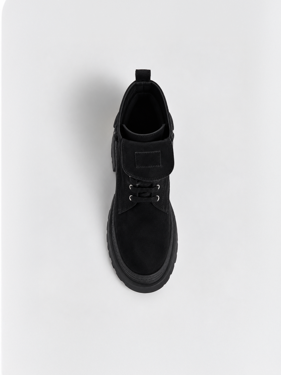Faux Suede Pocket Lace-Up Platform Ankle Boot – Black