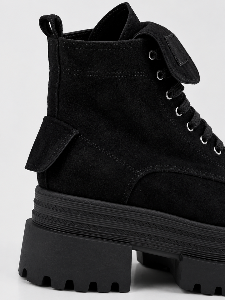 Black faux suede pocket lace-up platform ankle boot – side pocket and lug sole close-up