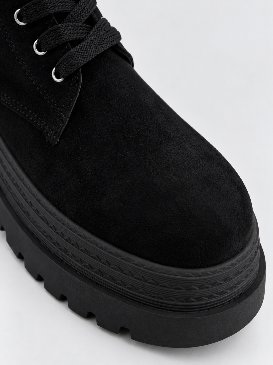Black faux suede pocket lace-up platform ankle boot – toe and platform close-up