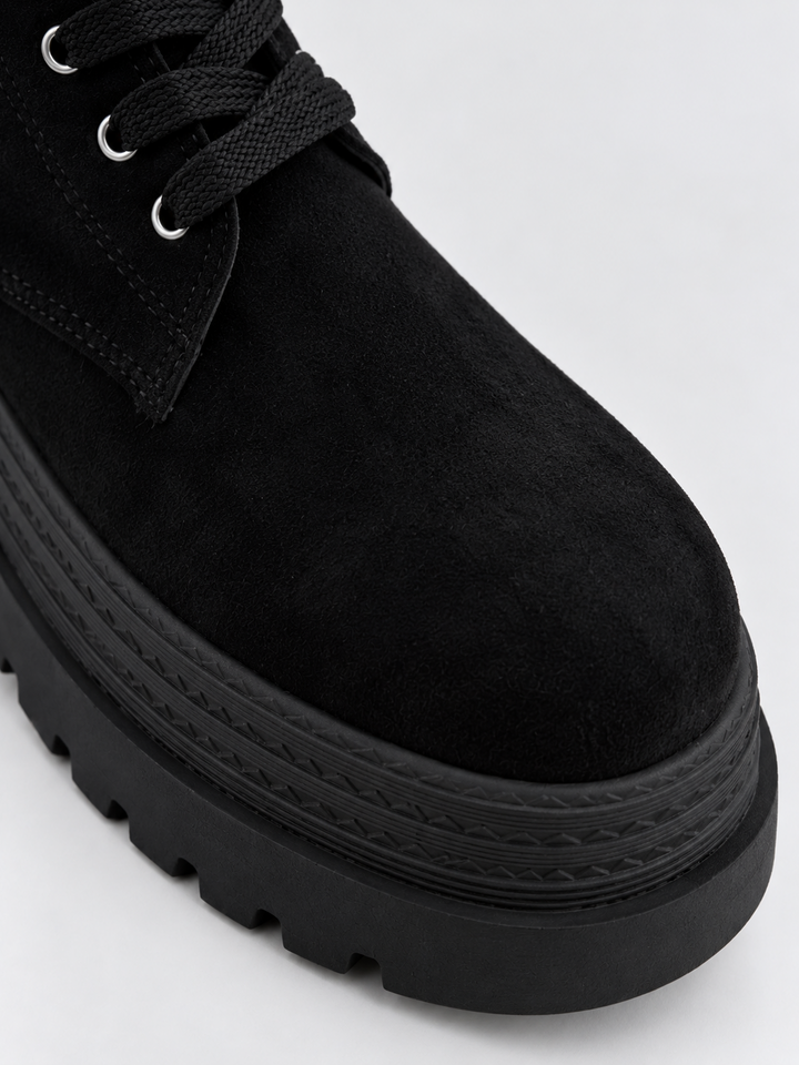 Black faux suede pocket lace-up platform ankle boot – toe and platform close-up