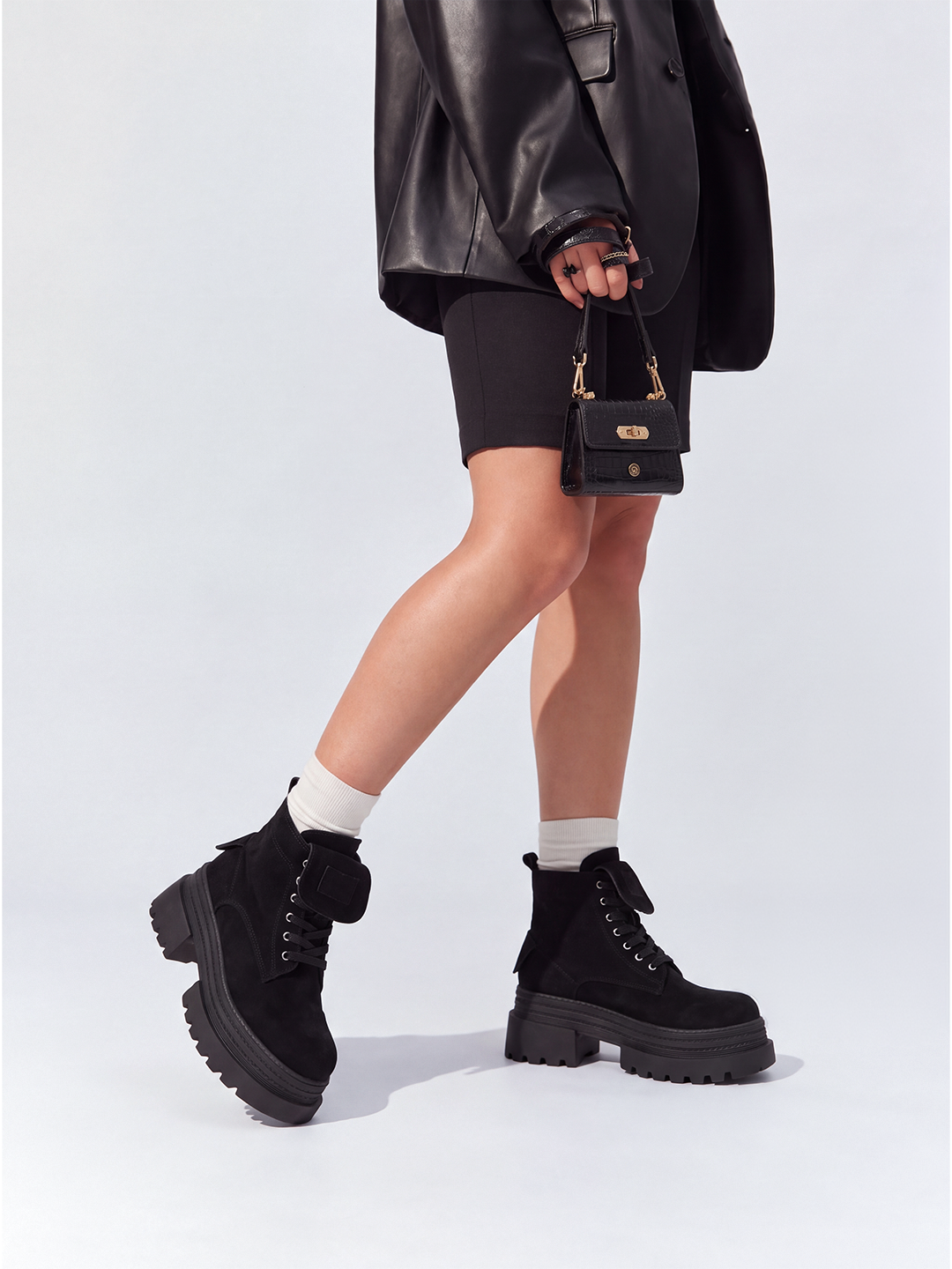 Black pocket lace-up platform ankle boot faux suede – worn on model, full outfit