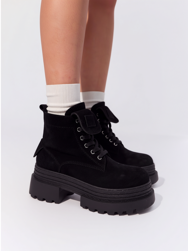 Black pocket lace-up platform ankle boot faux suede – worn on model with white socks, front close-up