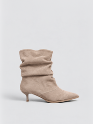 Faux Suede Ruched Kitten Heel Ankle Boot – Beige