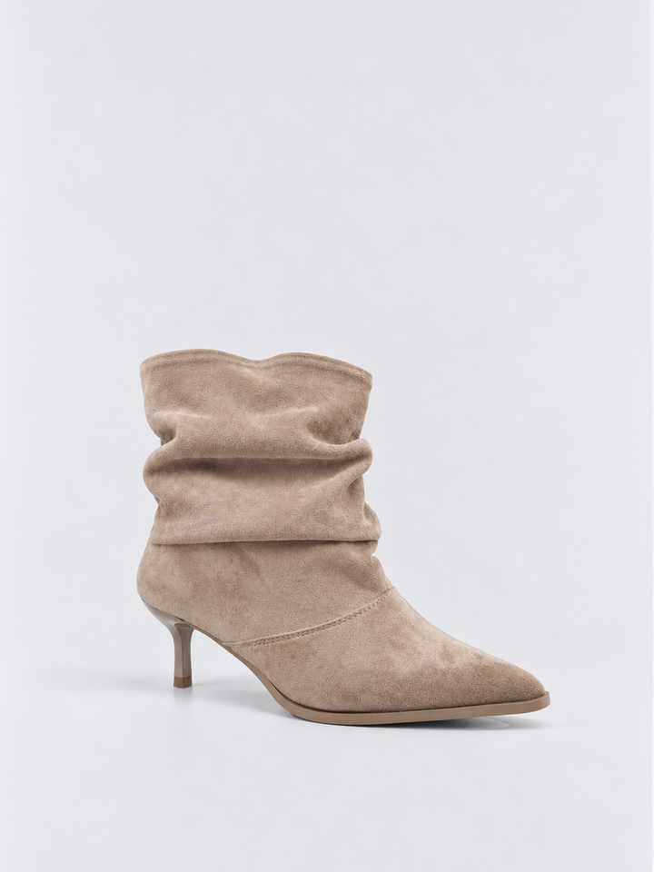 Beige faux suede ruched kitten heel ankle boot – front three-quarter view