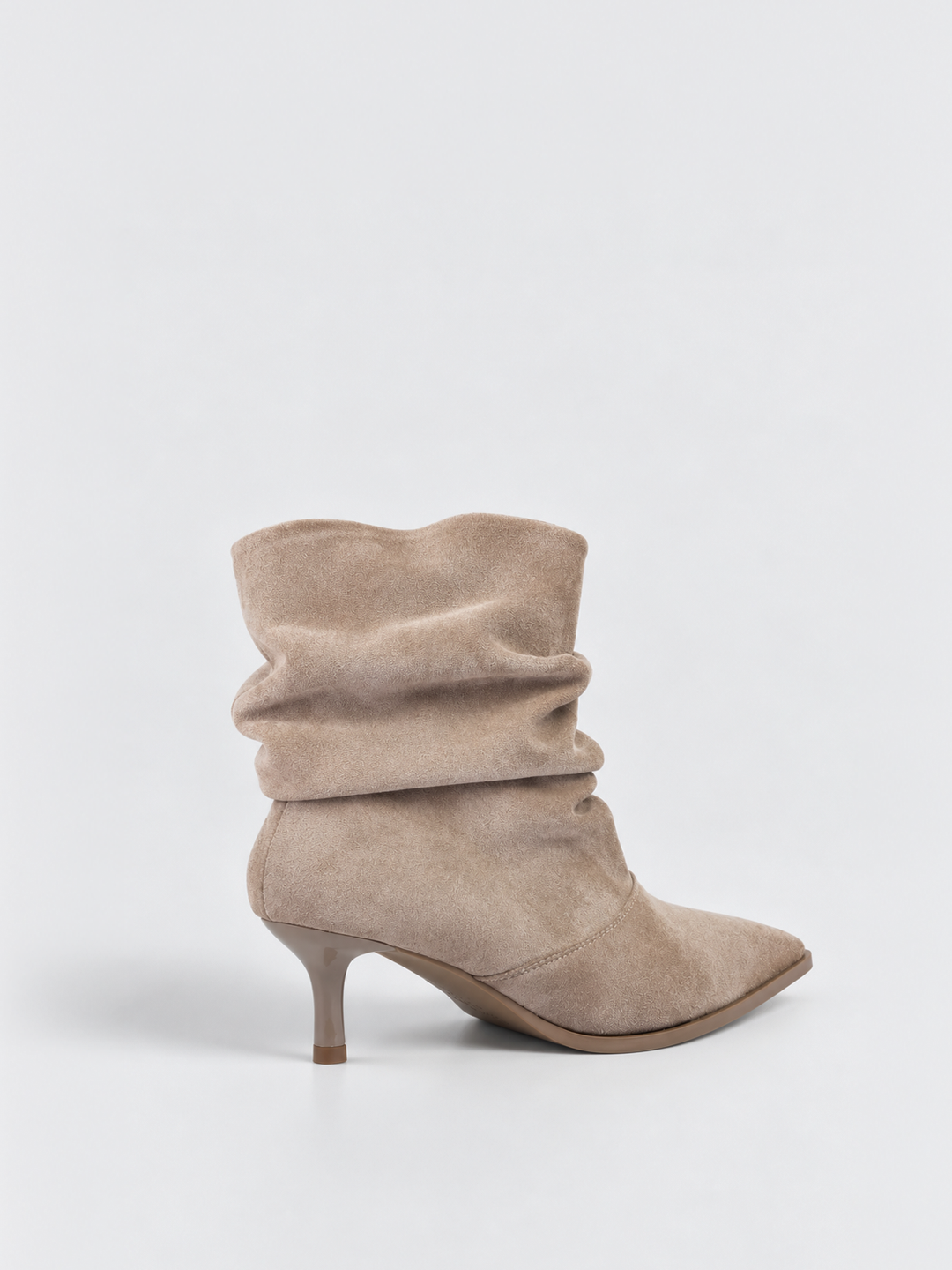 Beige faux suede ruched kitten heel ankle boot – back three-quarter view