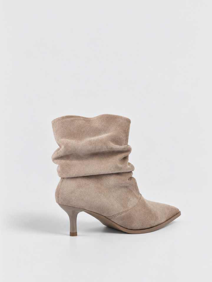 Beige faux suede ruched kitten heel ankle boot – back three-quarter view
