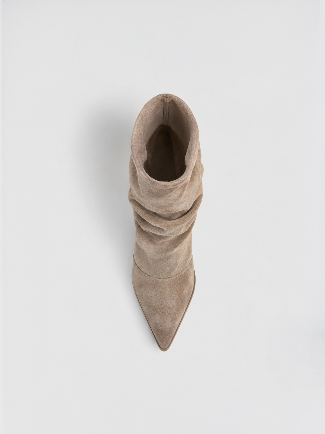 Beige faux suede ruched kitten heel ankle boot – top view
