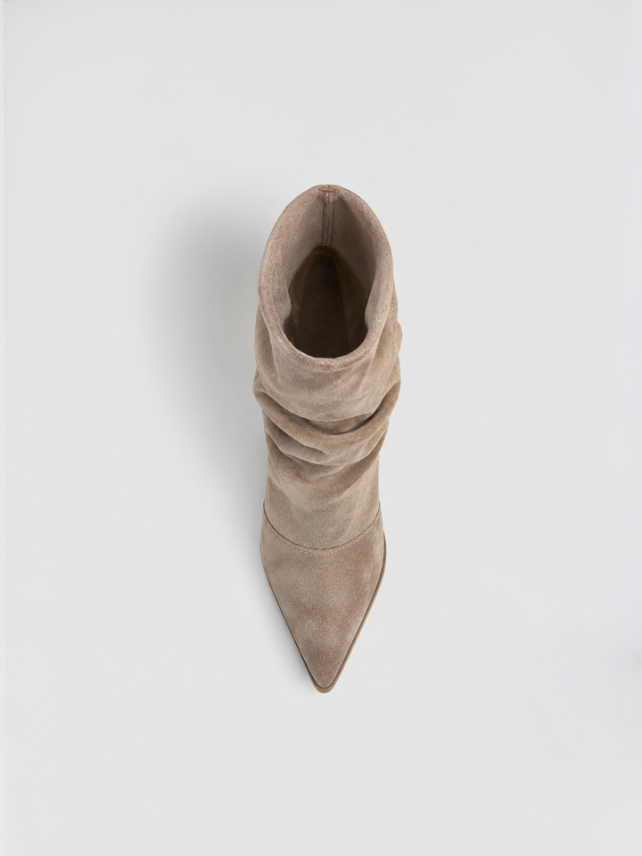 Beige faux suede ruched kitten heel ankle boot – top view